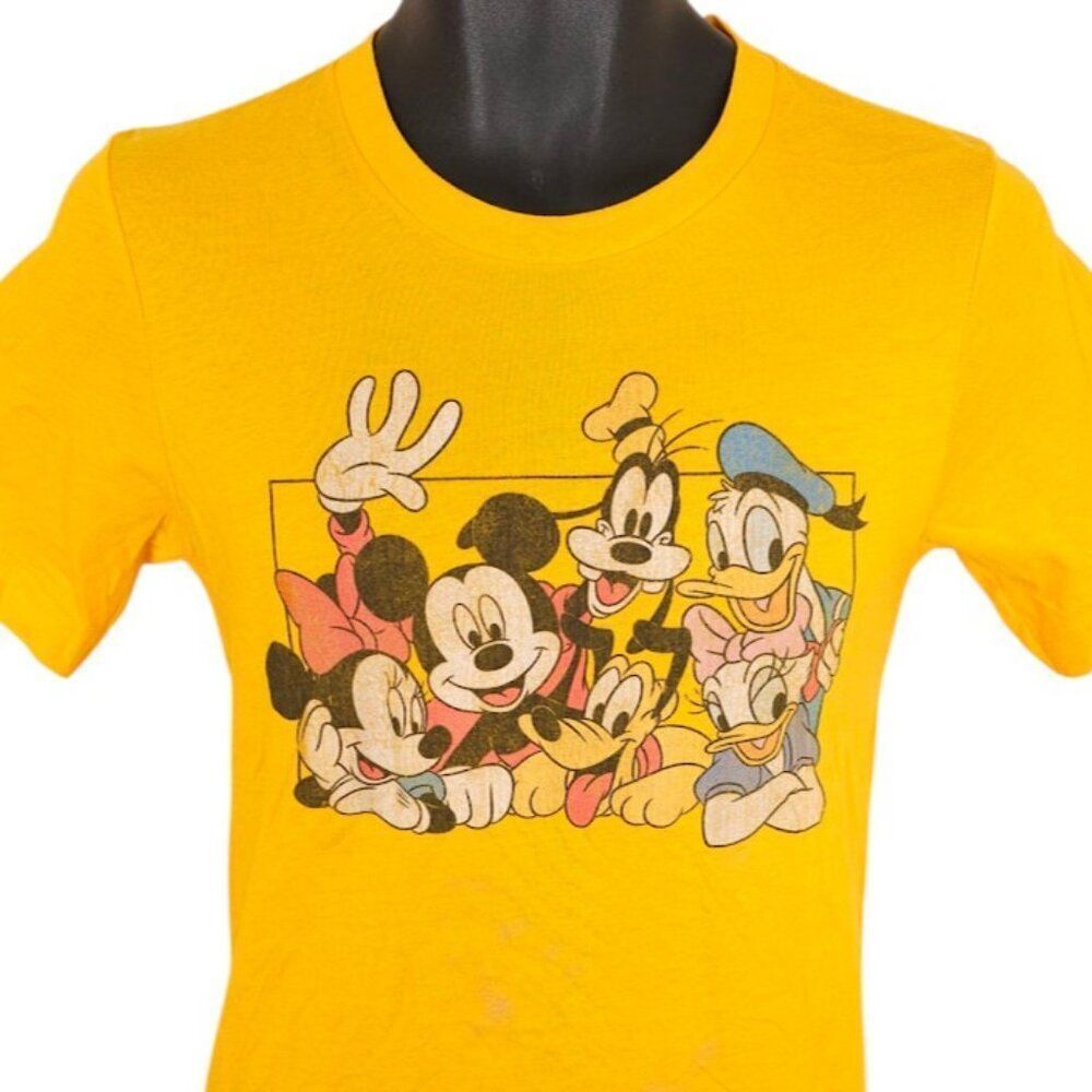 Disney Gang T Shirt Mens Size XS Yellow Mickey Mouse Goofy Minnie Pluto Donald